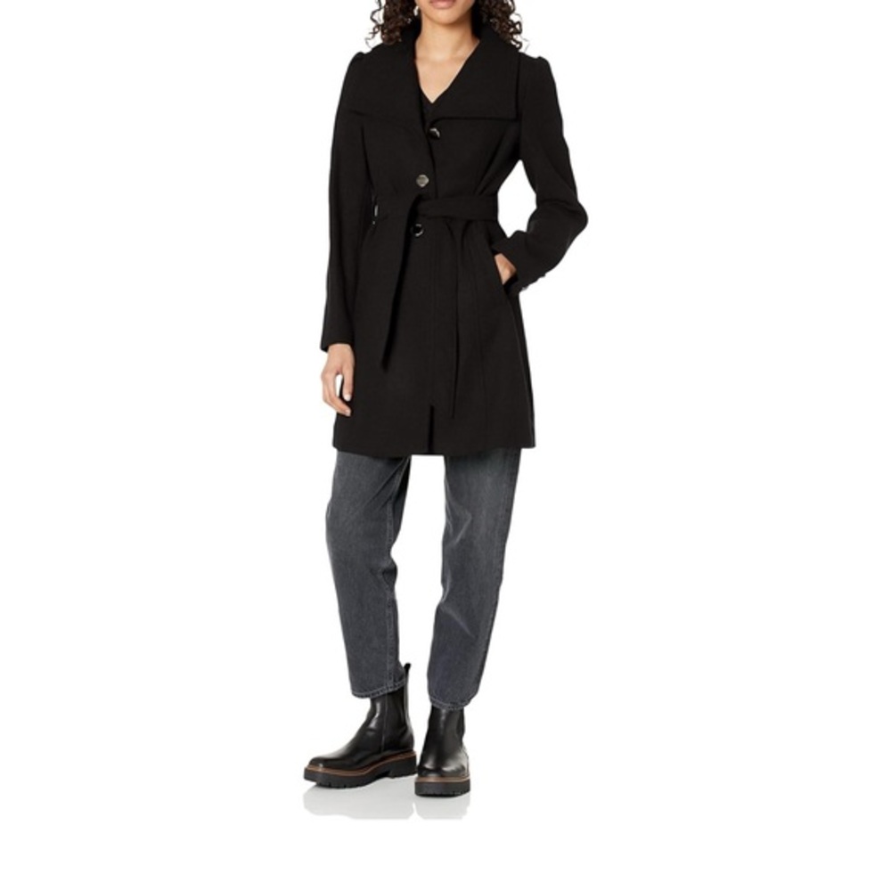 NWT GUESS Women's Long Button Front Belted Wool Walker, Black SIZE XL